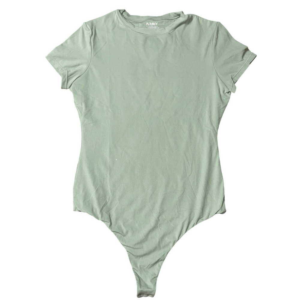 PUMIEEY Womens Short Sleeve Thong Bodysuit Sage Green Crew Neck Size M Stretch